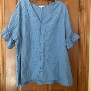 Terra & Sky V-Neck Button-Down‎ Blue Blouse with Ruffle Sleeves, NWT, Size 3X
